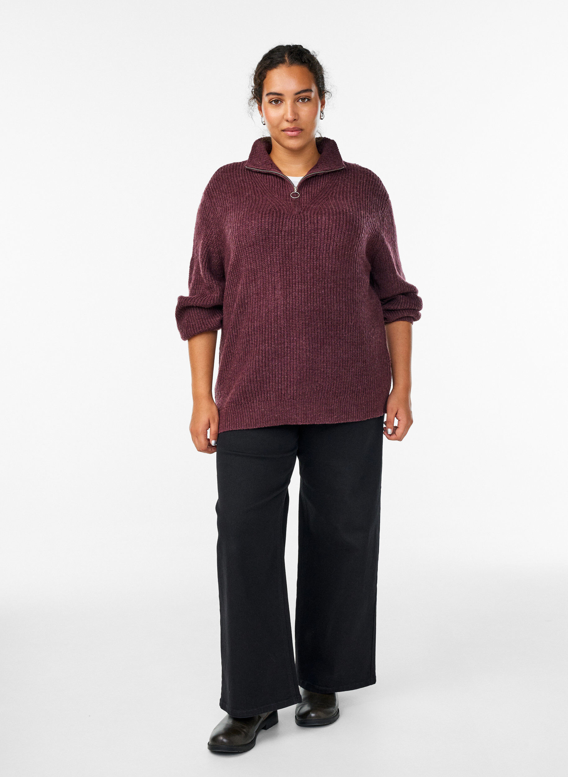 ZizziGebreide trui met hoge hals en rits, Rood, Model image number 1