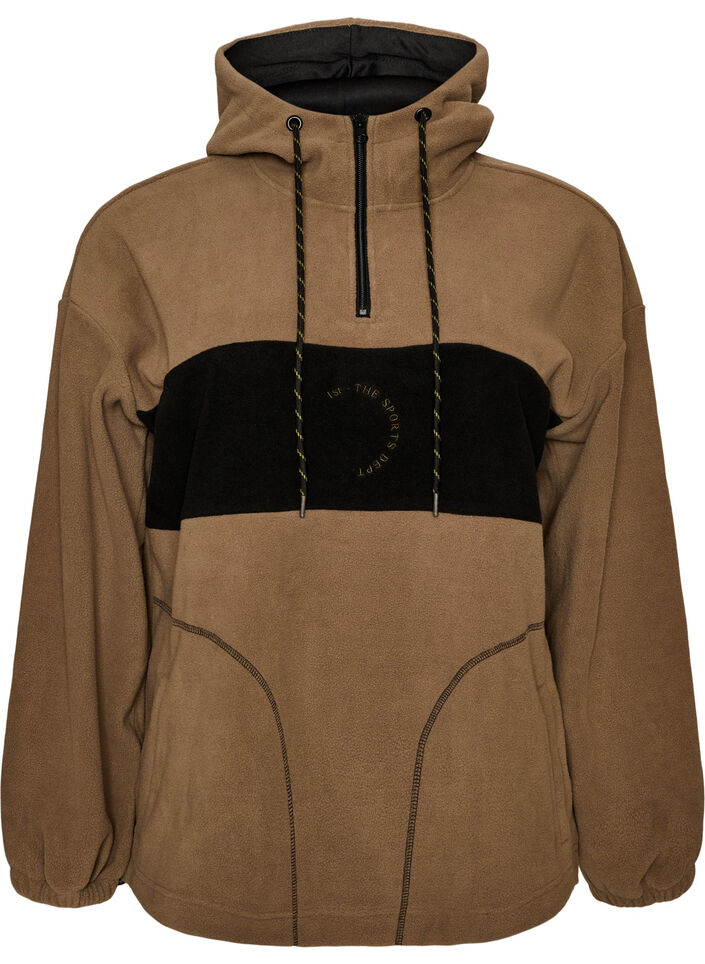 Fleece-anorak met capuchon en contrasterend paneel, Bruin, Packshot image number 0