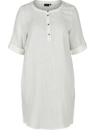 Katoenen jurk met knopen en 3/4 mouwen, Bright White, Packshot image number 0