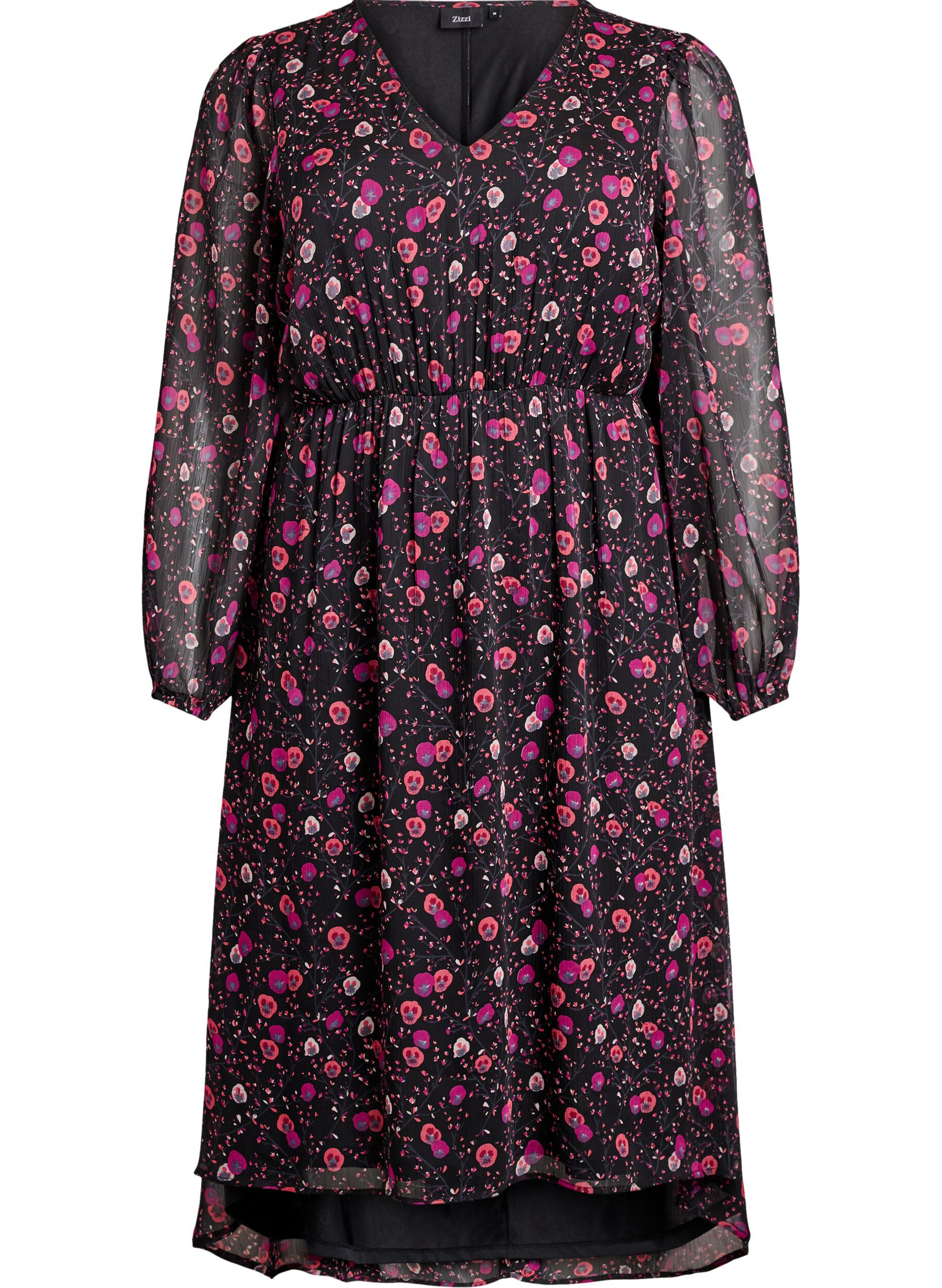 ZizziChiffon jurk met bloemenprint en lange mouwen, Zwart, Packshot image number 0