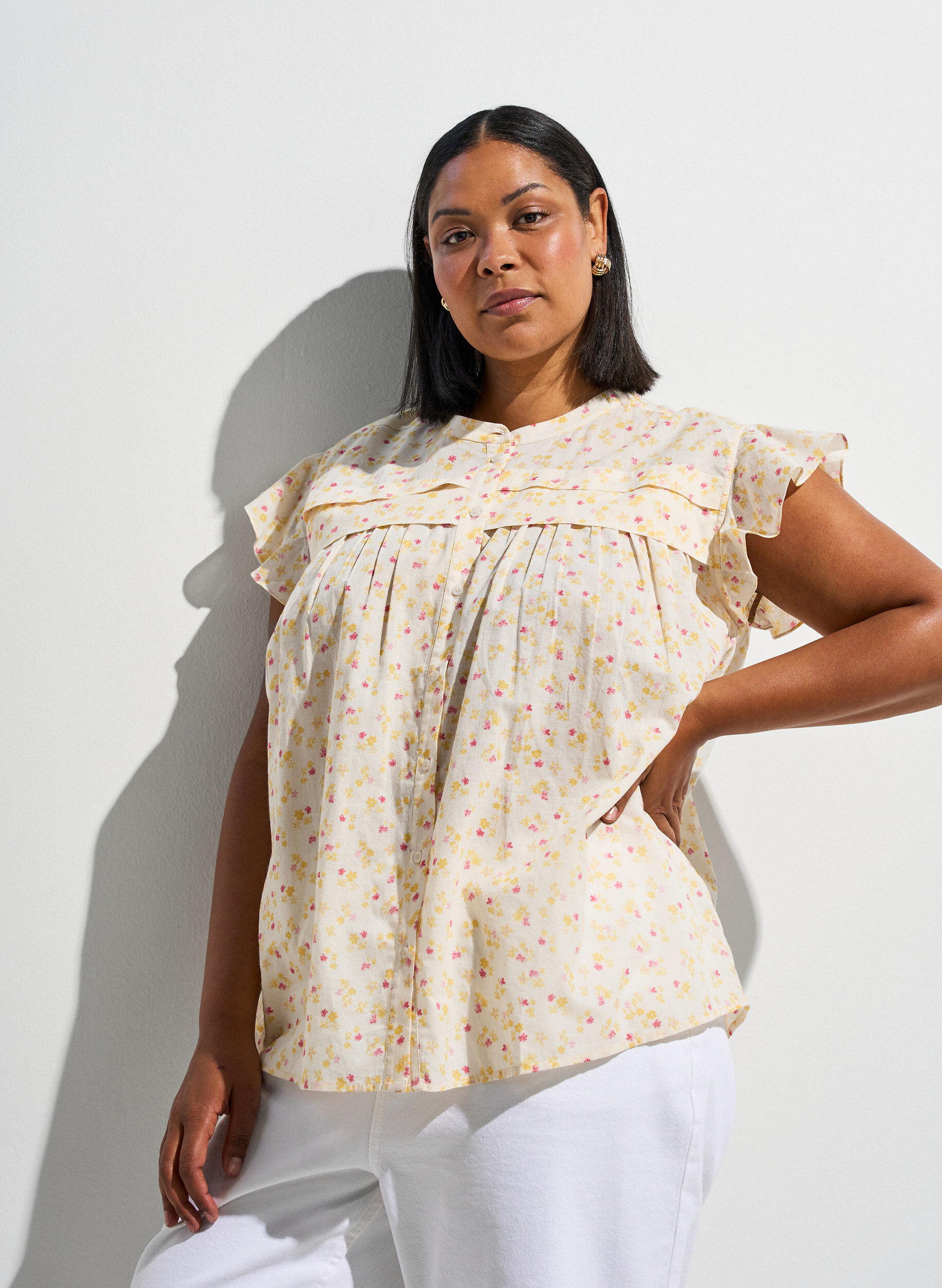 ZizziMouwloze A-lijn katoenen blouseshirt, Geel, Image image number 0