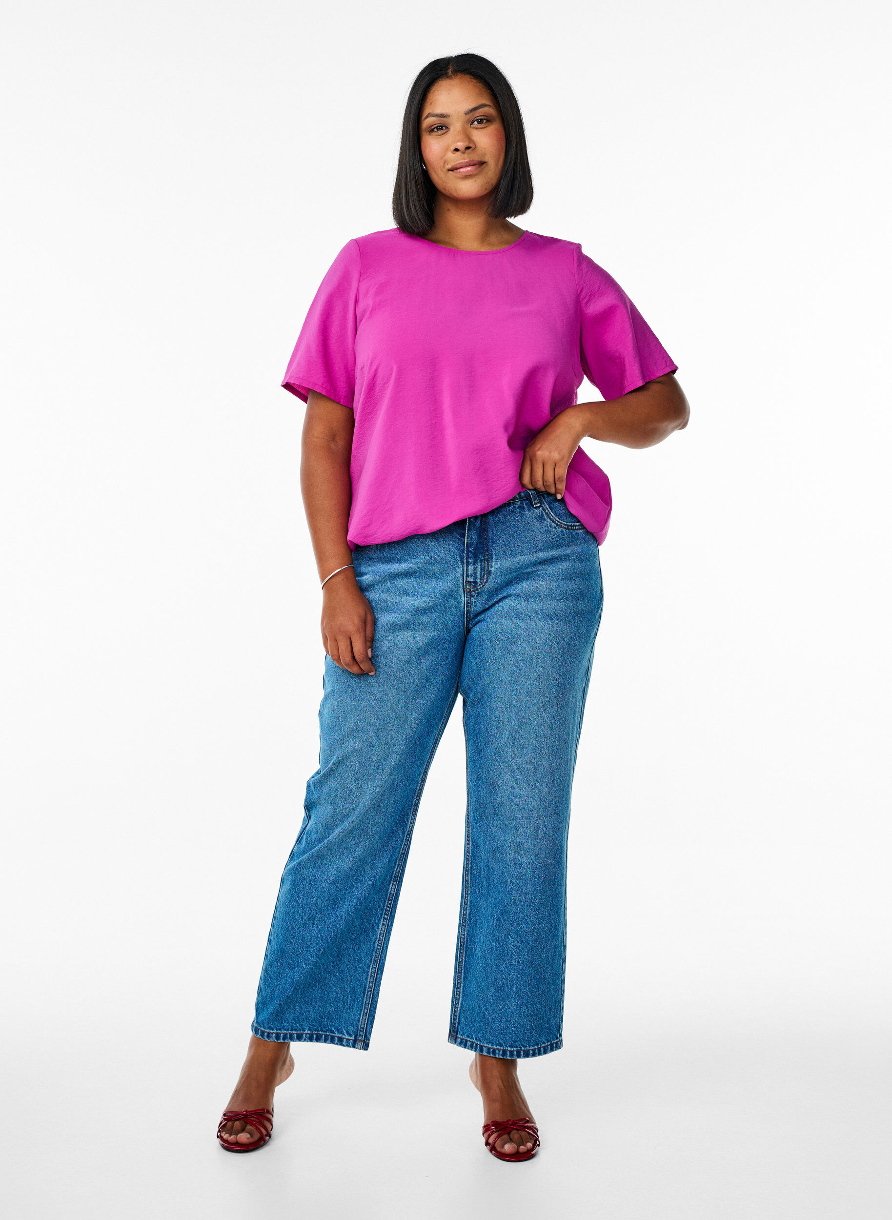 Zizzi Blouse met korte mouwen en elastische zoom, Roze, Model image number 1