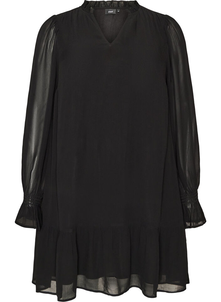 Viscose jurk met ruches en doorschijnende mouwen, Zwart, Packshot image number 0