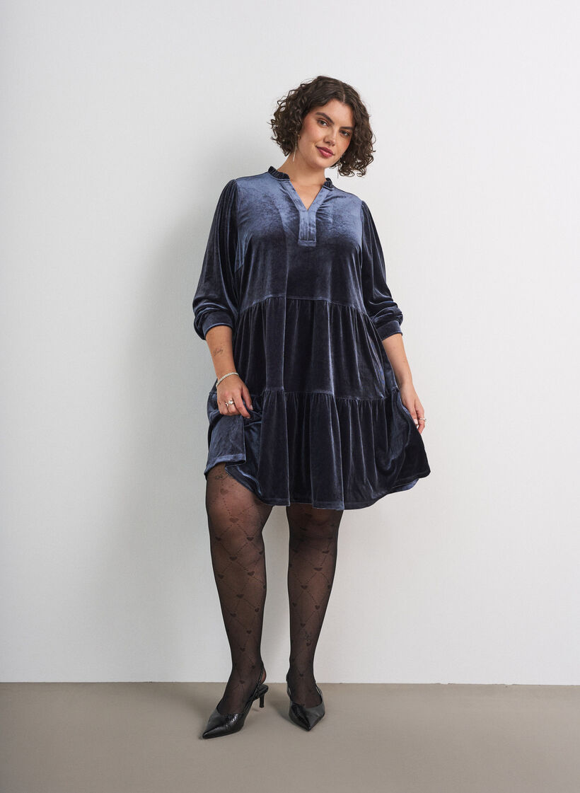 Veloursjurk met lange mouwen en een ruchekraag, Blauw, Model image number 1