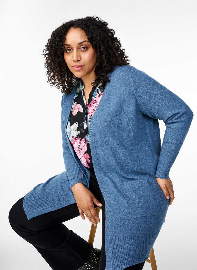 Geribd gebreid vest met zakken, Blauw, Image image number 0