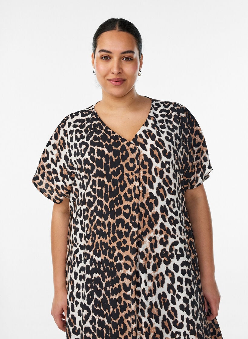 Jurk met V-hals van viscose, Bruin, Model image number 2