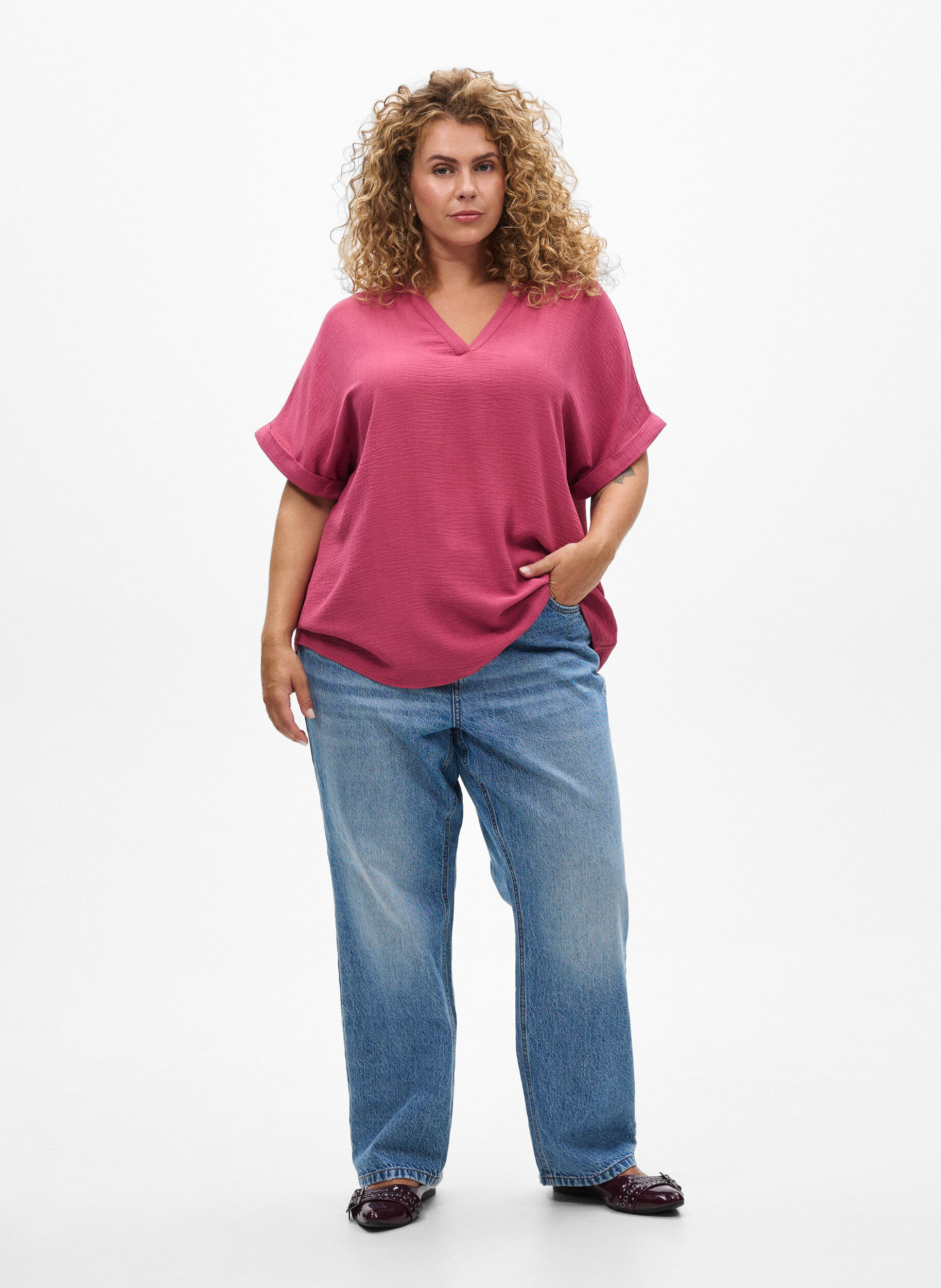 Zizzi Luchtige blouse met korte mouwen, Rood, Model image number 1
