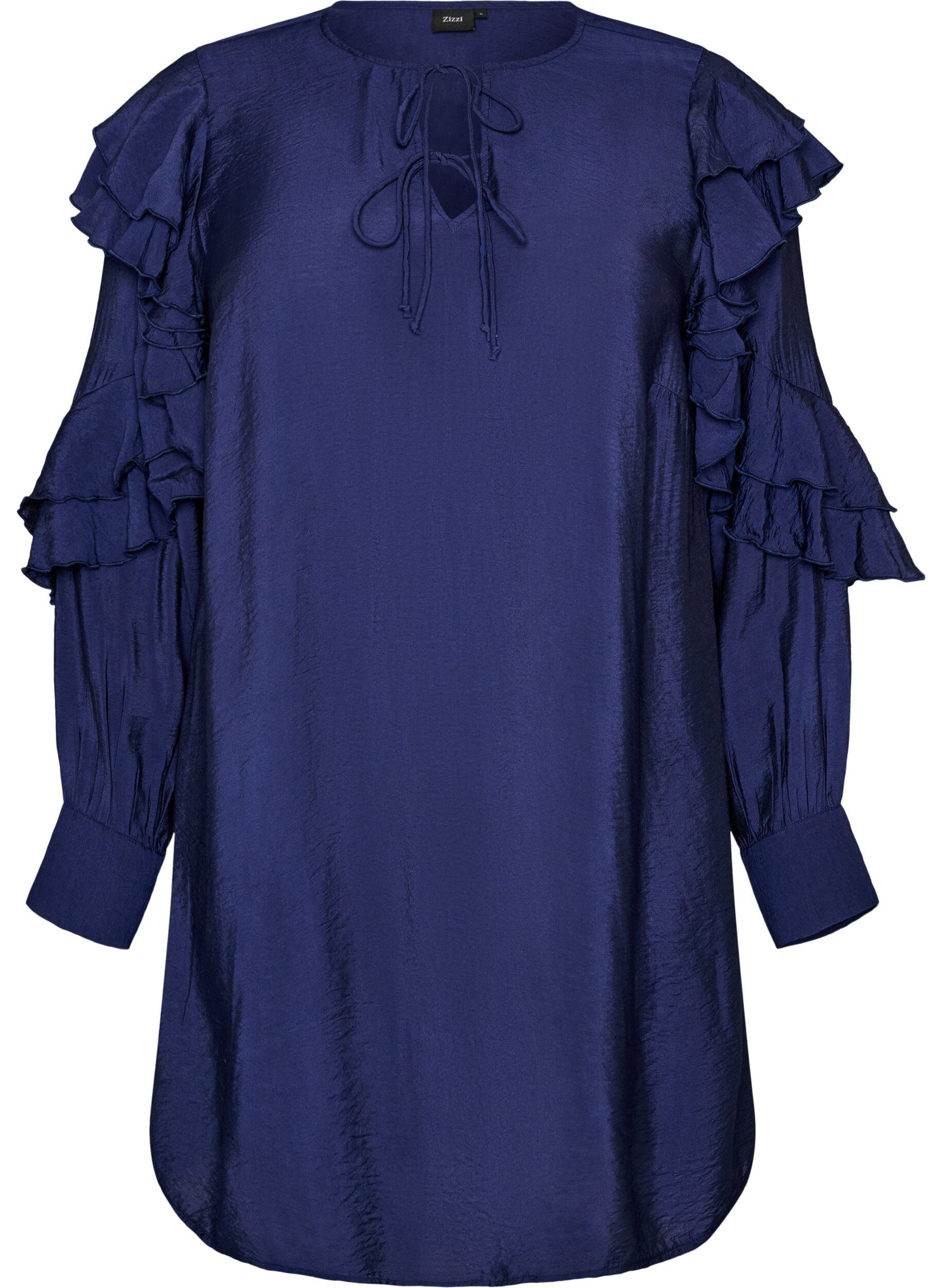 ZizziViscose jurk met ruches en strikbandjes, Blauw, Packshot image number 0