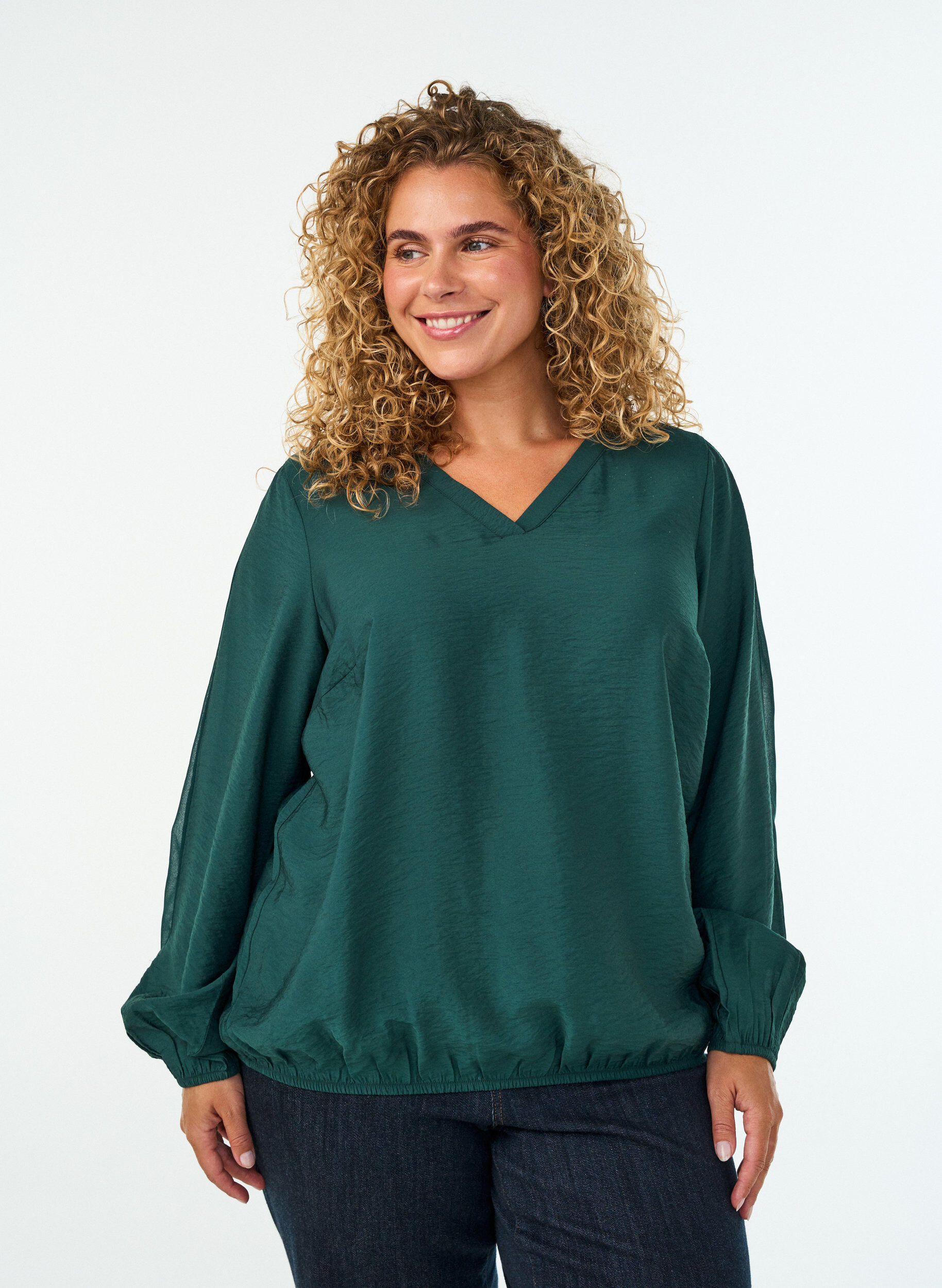 ZizziBlouse met balloneffect en chiffondetails, Groen, Model image number 0
