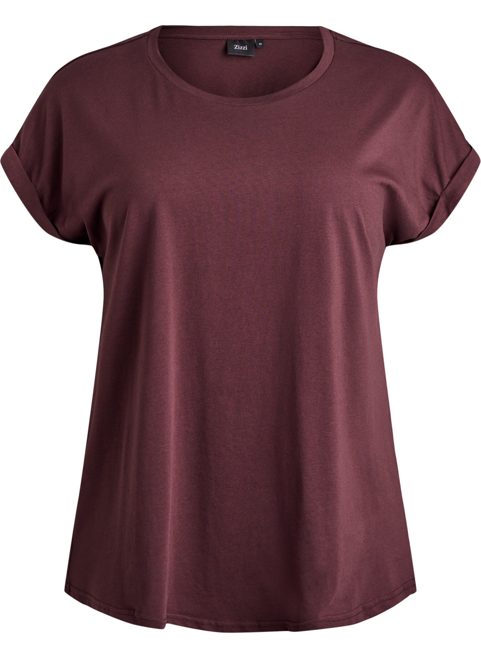 Zizzi T-shirt met korte mouwen in een katoenmix, Donker Bordeaux, Packshot image number 0