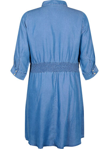 Zachte denim jurk met 3/4 mouwen en smock, Blue denim, Packshot image number 1