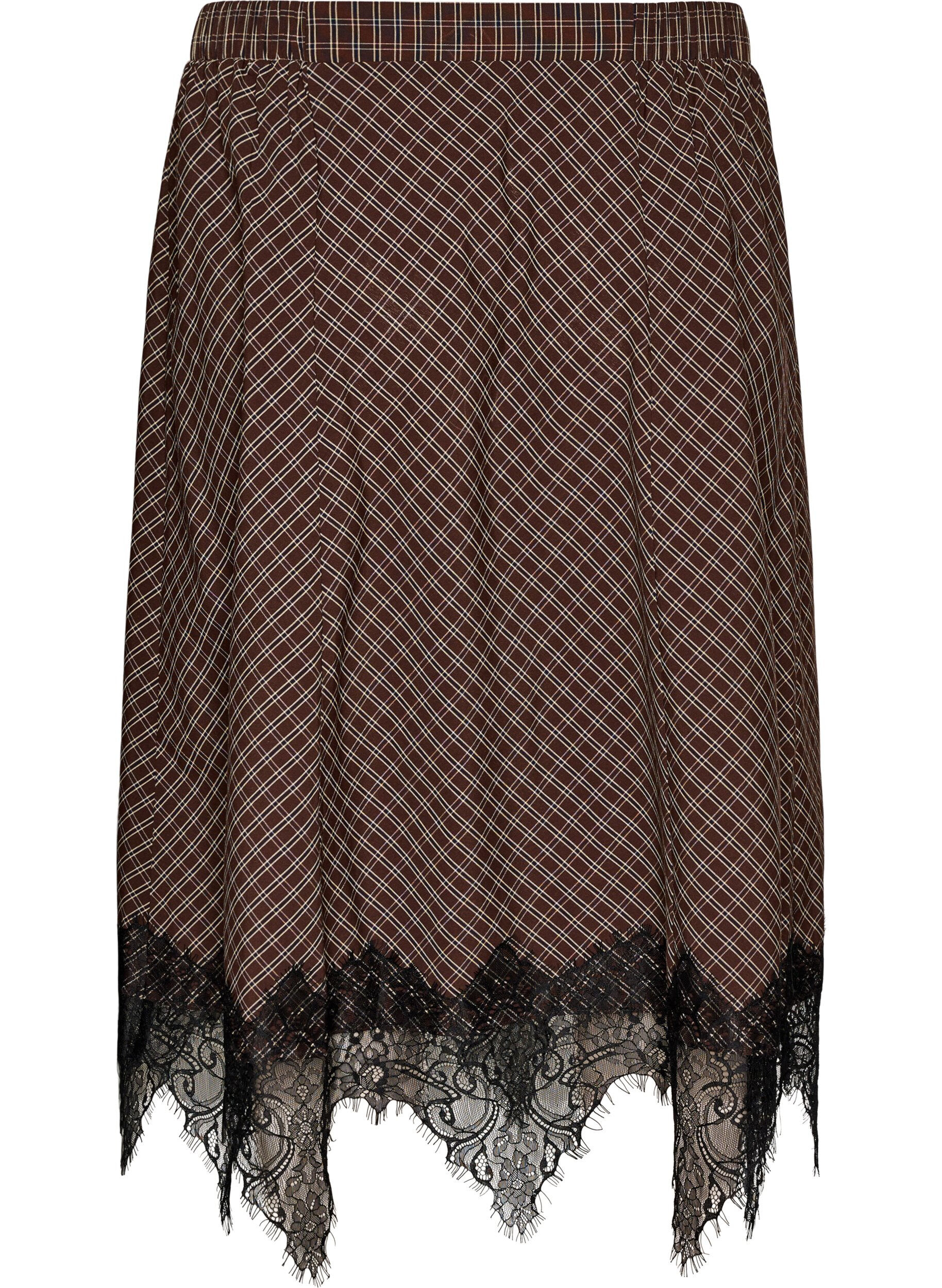 ZizziMidi-rok met kanten afwerking en ruitpatroon, Bruin, Packshot image number 1