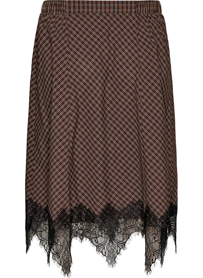 Midi-rok met kanten afwerking en ruitpatroon, Bruin, Packshot image number 1