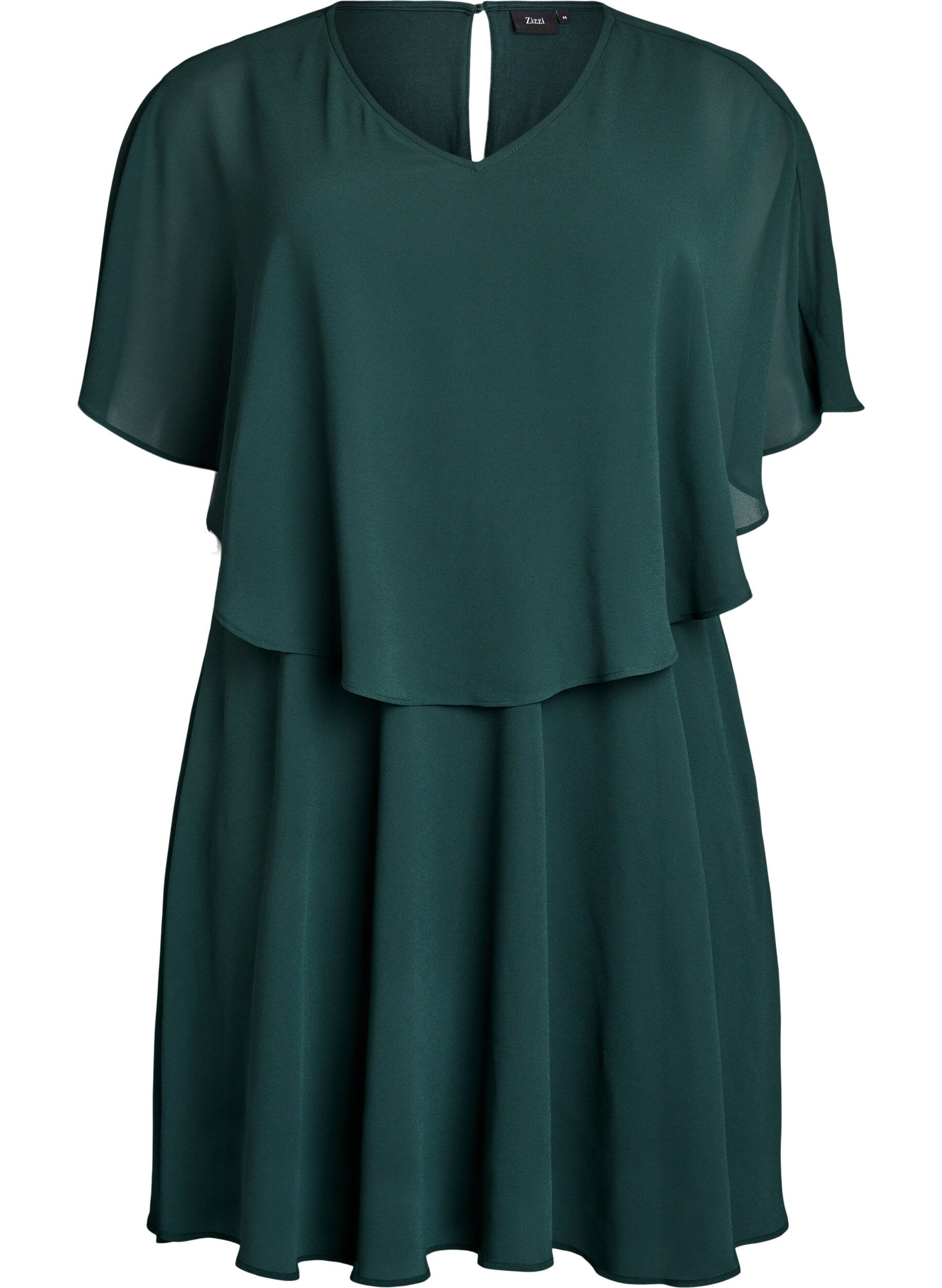 Zizzi Korte chiffon feestjurk met gelaagd effect, Groen, Packshot image number 0