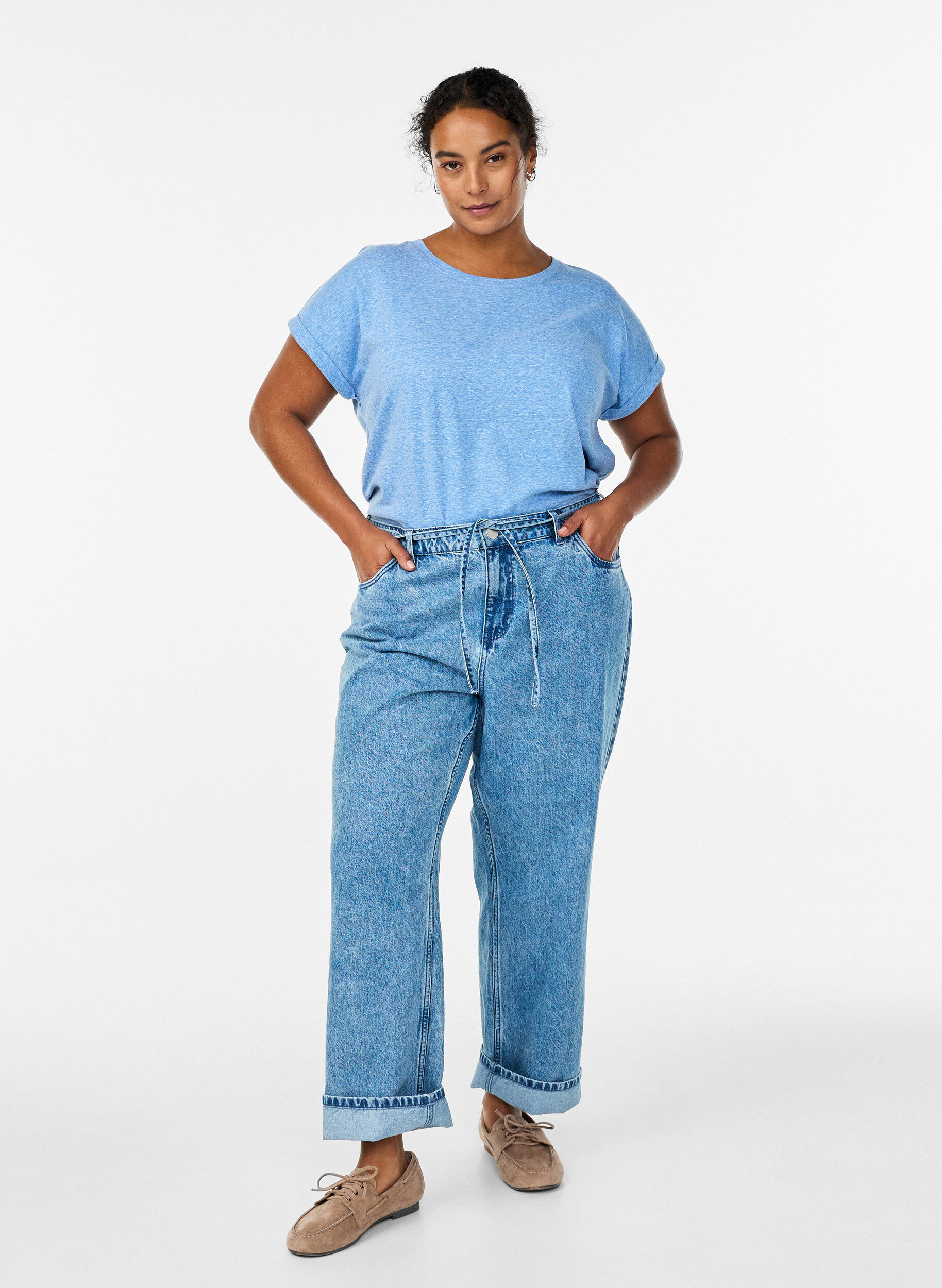 Zizzi Gem&ecirc;leerd T-shirt met korte mouwen, Blauw, Model image number 1