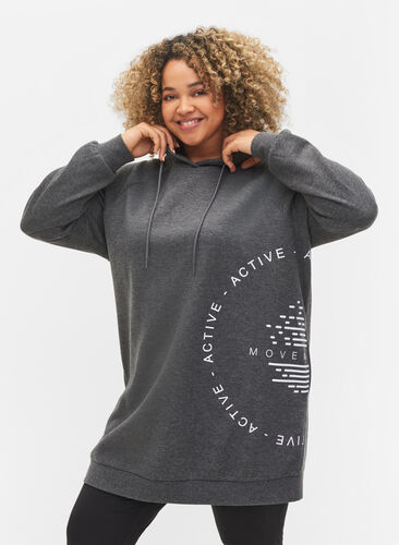 Lang sweatshirt met capuchon en print, Dark Grey Melange, Model image number 0