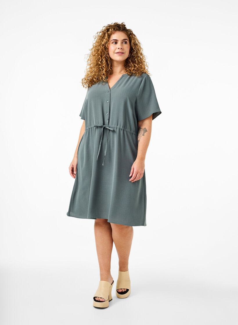 Jurk met korte mouwen en strik in de taille, Balsam Green, Model image number 2