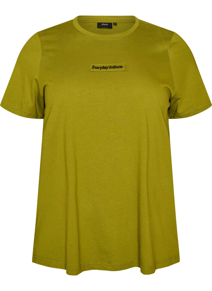 Katoenen T-shirt met tekstbadge, Groen, Packshot image number 0