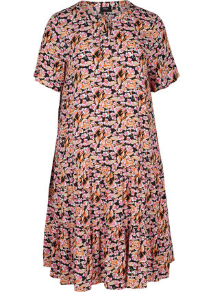 Viscose jurk met print en korte mouwen, Pink Flower on Black, Packshot image number 0