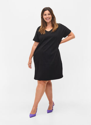 Katoenen jurk met korte mouwen in rib, Black, Model image number 2