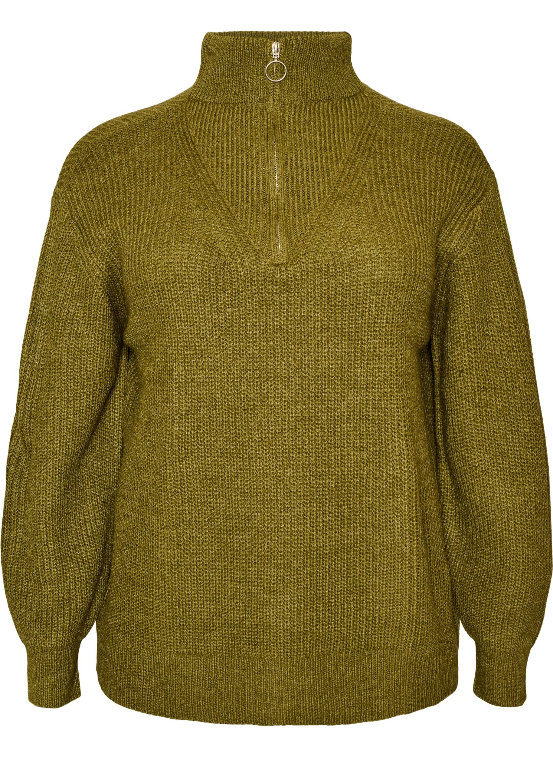 ZizziGebreide trui met hoge hals en rits, Groen, Packshot image number 0