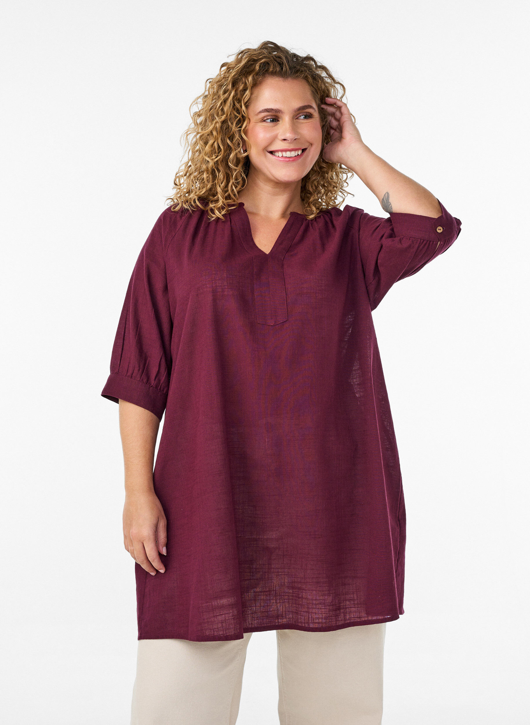 Katoenen tuniek met V-hals, Rood, Model