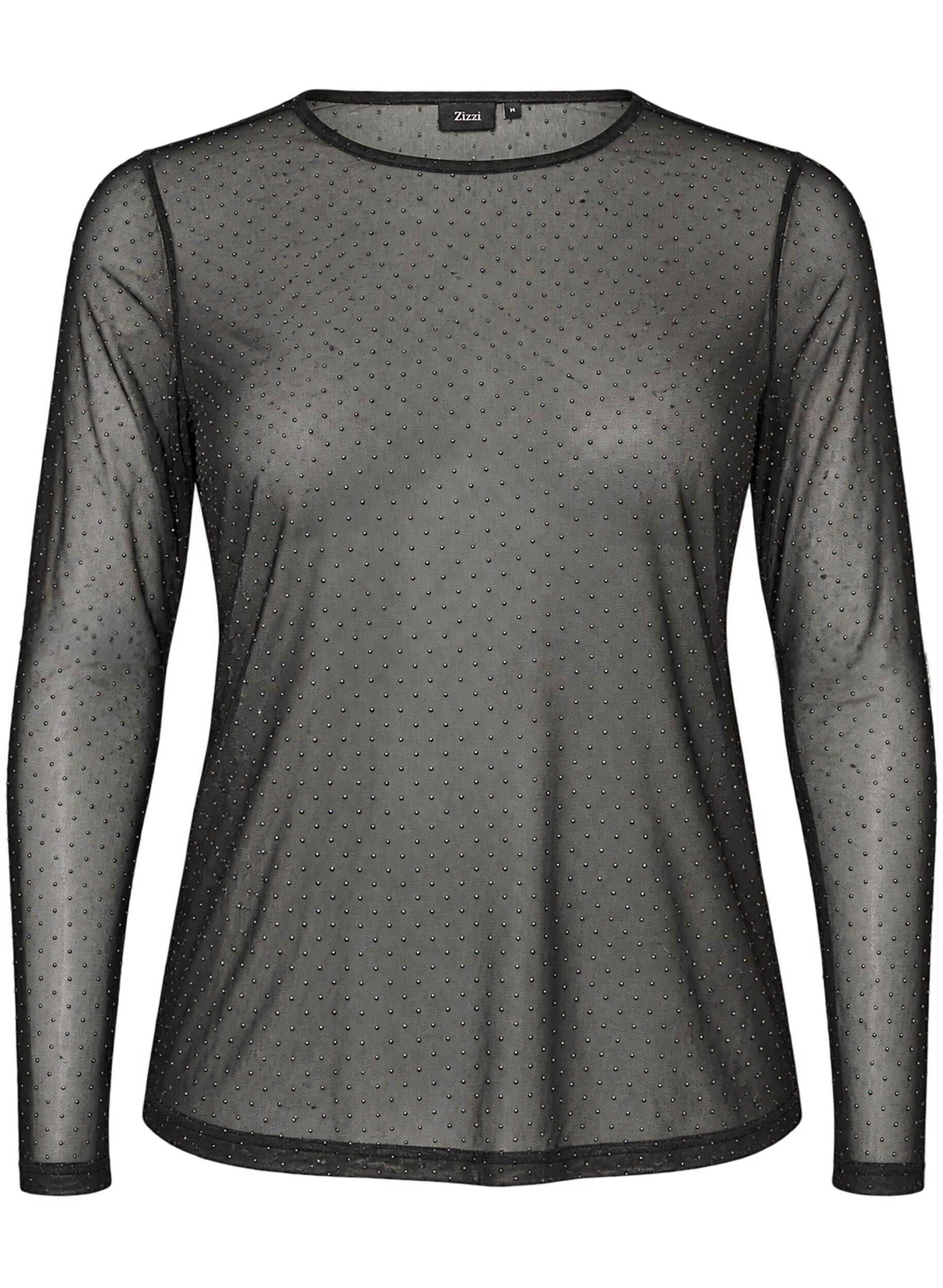 ZizziTransparante mesh blouse met strassteentjes, Zwart, Packshot image number 0