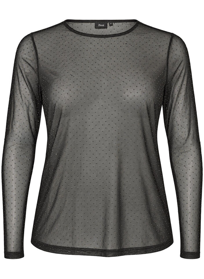 Transparante mesh blouse met strassteentjes, Zwart, Packshot image number 0