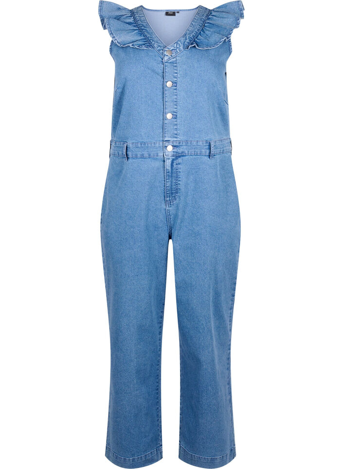 Denim jumpsuit met ruches, Light Blue Denim, Packshot image number 0