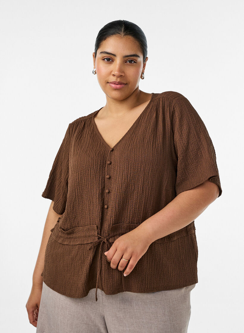Blouse met textuur en een strik in de taille, Bruin, Model image number 0