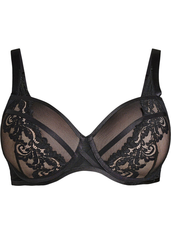 Voorgevormde bh met beugel en bloemenkant, Zwart, Packshot image number 0