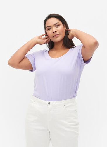 Basic t-shirt in effen kleur met katoen, Lavender, Model image number 0