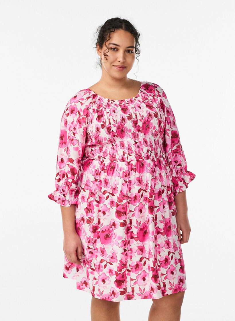 Gerimpelde jurk met bloemenprint, Roze, Model image number 0