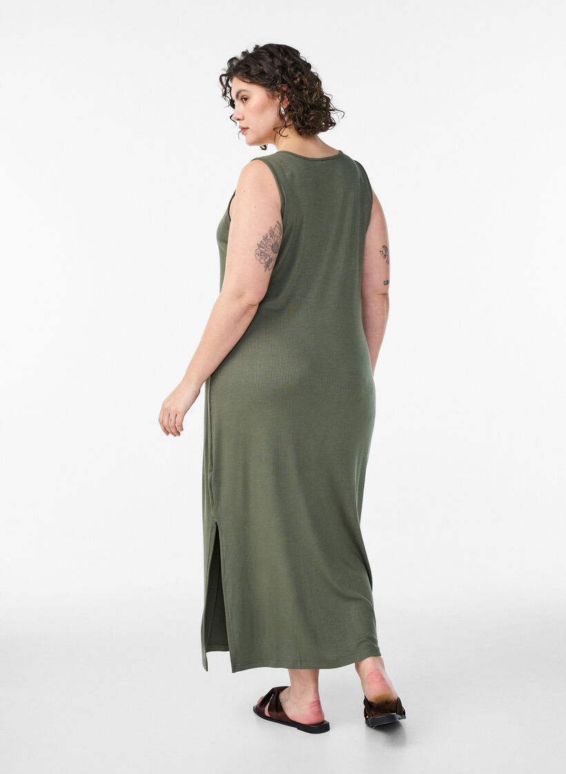 Mouwloze ribjurk van viscose, Groen, Model image number 1