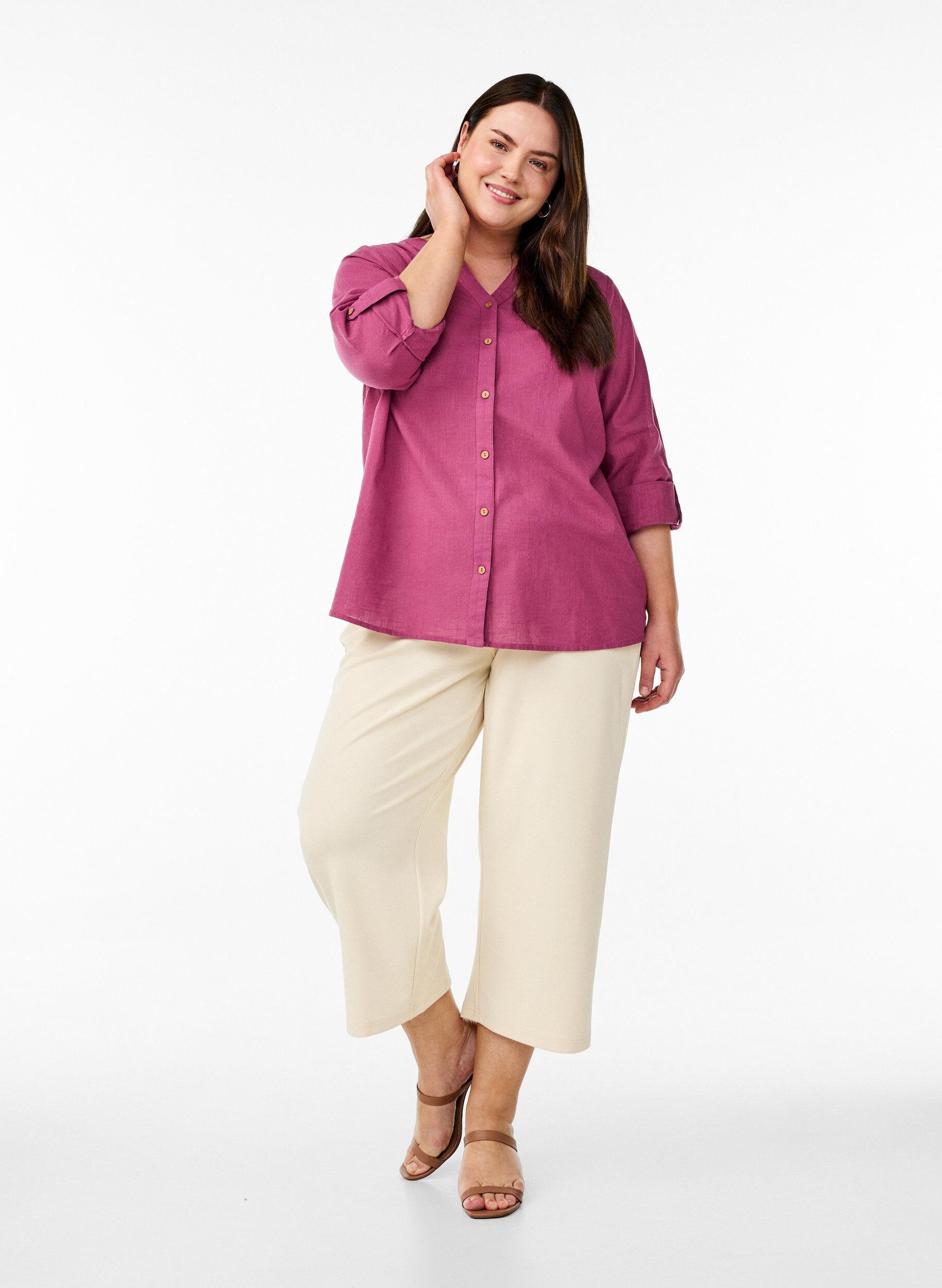 ZizziKatoenen blouse met een V-hals, Rood, Model image number 1