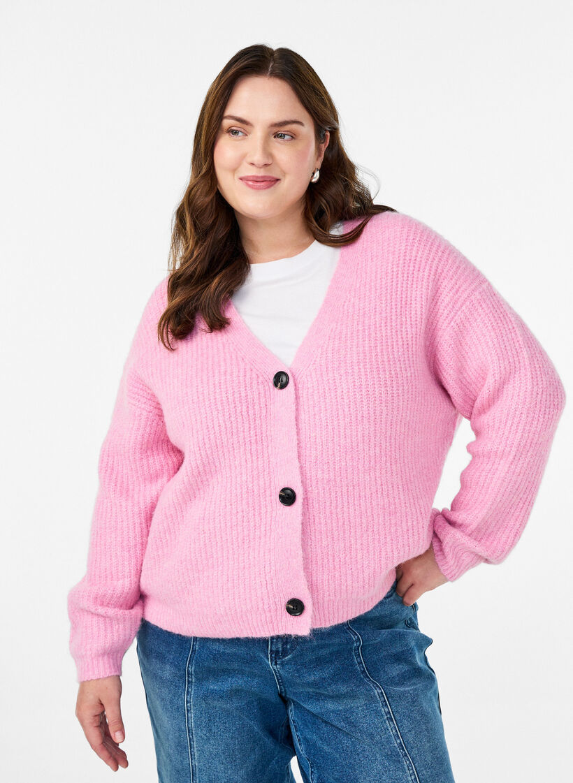 V-hals cardigan van breisel, Roze, Model image number 0
