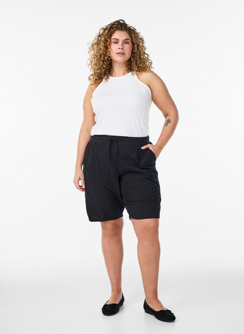 Losse katoenen short met zakken, Zwart, Model image number 1