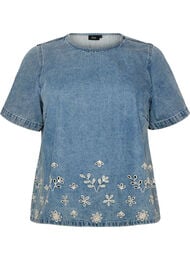 Denim blouse met korte mouwen en broderie anglaise, Blauw