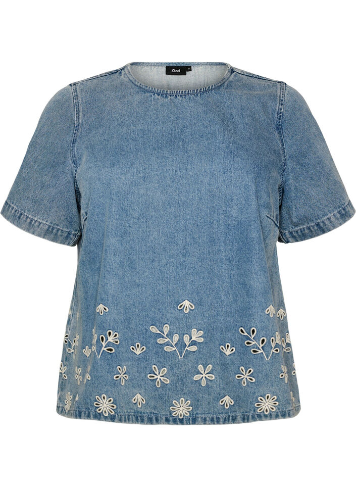Denim blouse met korte mouwen en broderie anglaise, Blauw, Packshot image number 0