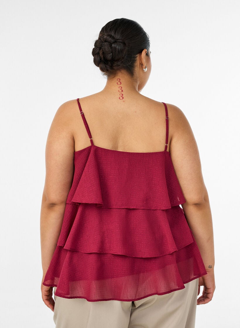 Gelaagde top met ruches en spaghettibandjes, Rood, Model image number 2