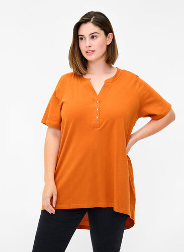 Katoenen t-shirt met v-hals en knopen, Autumnal, Model image number 0