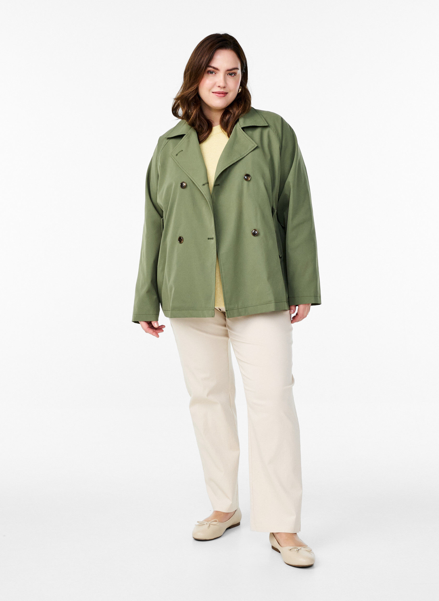 Zizzi Korte trenchcoat met zakken, Groen, Model image number 1