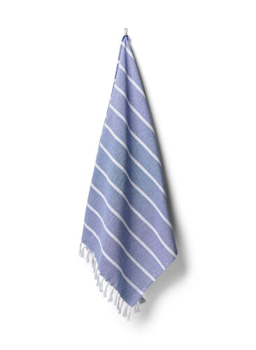 Gestreepte handdoek met franjes, Medium Blue Melange, Packshot image number 0