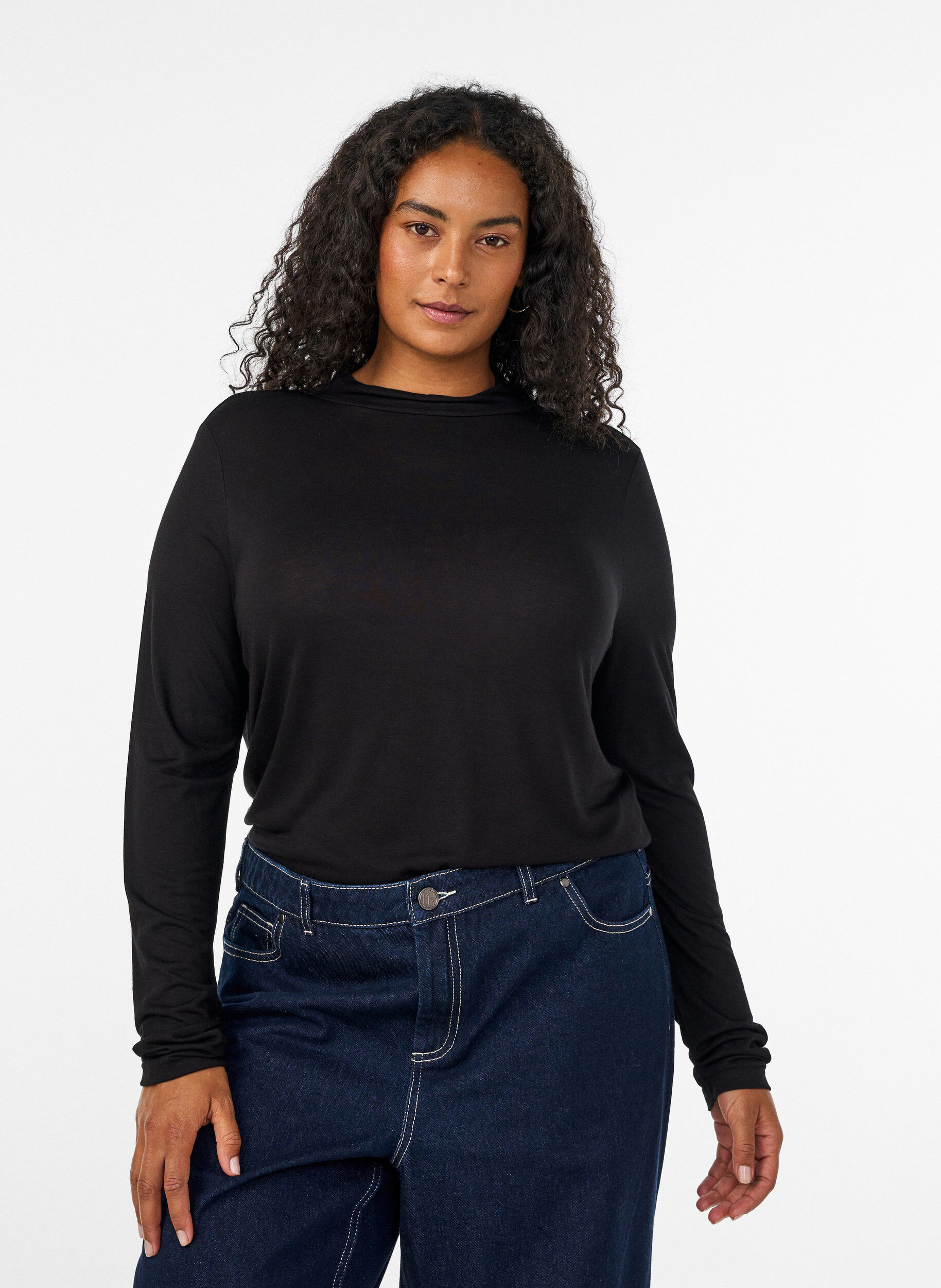 ZizziBlouse met hoge hals in viscose jersey, Zwart, Model image number 0
