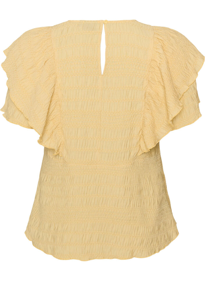 Blouse met smockstructuur en ruchesmouwen, Geel, Packshot image number 1