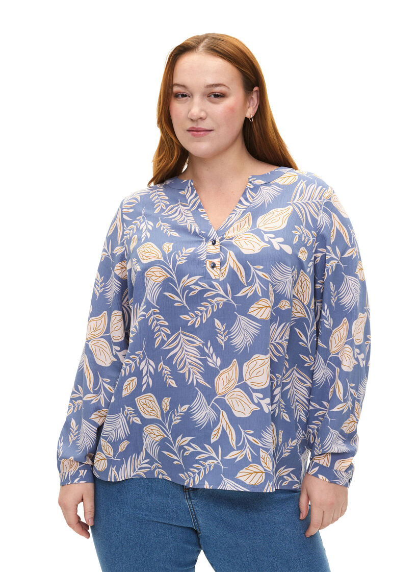 FLASH - Blouse met lange mouwen en print, Delft AOP, Model image number 0