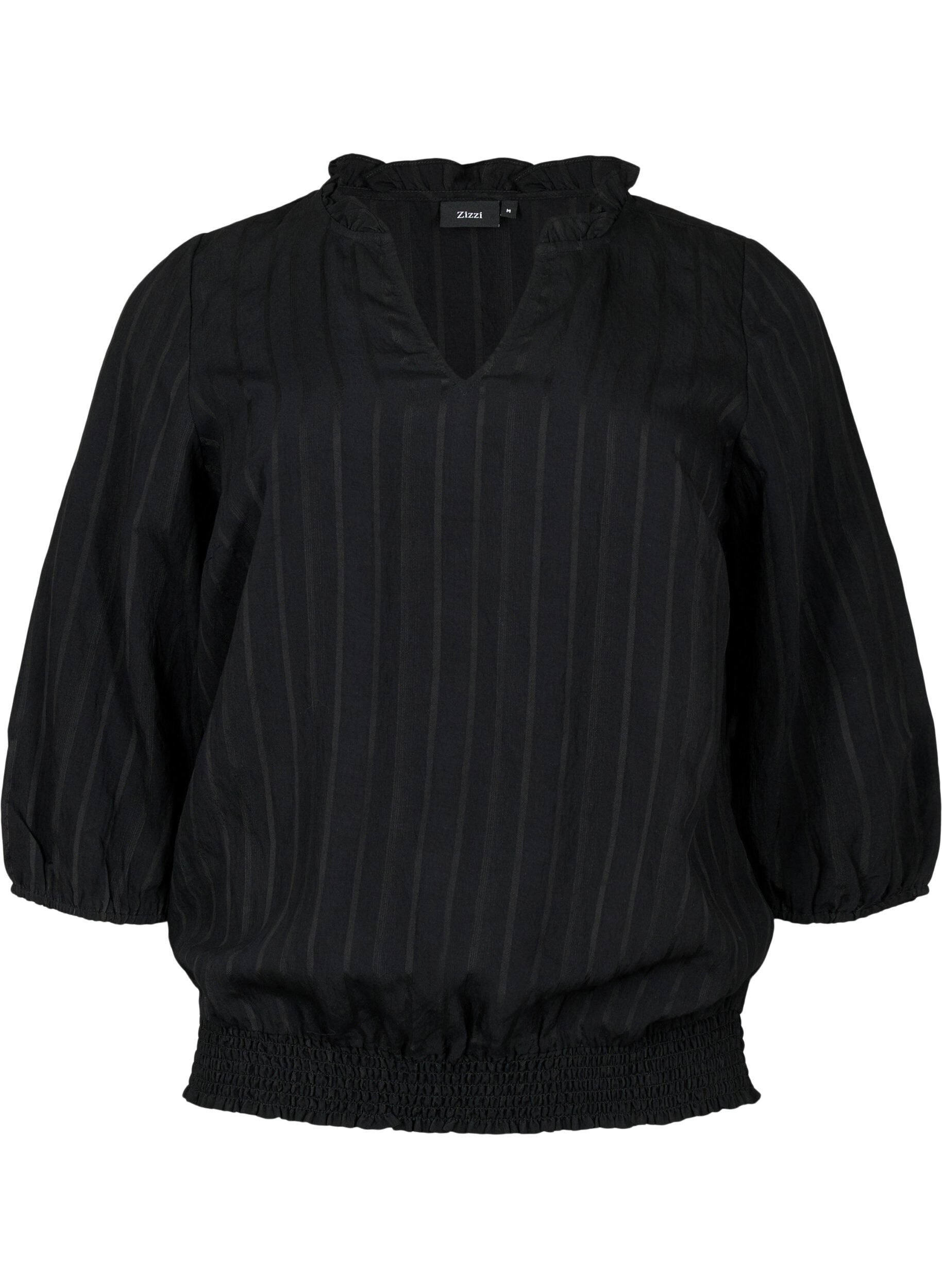 Zizzi 3/4 mouw viscose blouse met smock, Black, Packshot image number 0