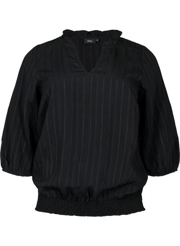 3/4 mouw viscose blouse met smock, Black, Packshot image number 0