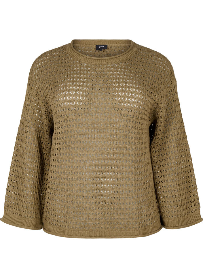 Gebreide blouse met gaatjespatroon, Dusky Green, Packshot image number 0