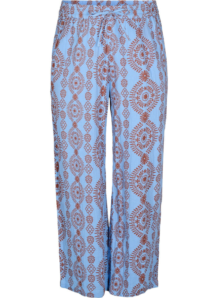 Losse broek in een patroon van katoenen mousseline, Blauw, Packshot image number 0